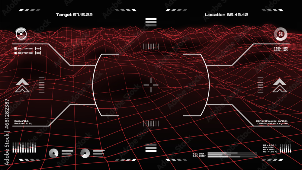 Military HUD target aim control and radar screen, futuristic dashboard. Sci Fi spaceship gun crosshair vector virtual display. Pilot viewfinder futuristic dashboard frame or game UI target aim screen - obrazy, fototapety, plakaty 