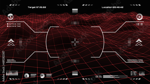 Military HUD target aim control and radar screen, futuristic dashboard. Sci Fi spaceship gun crosshair vector virtual display. Pilot viewfinder futuristic dashboard frame or game UI target aim screen photo