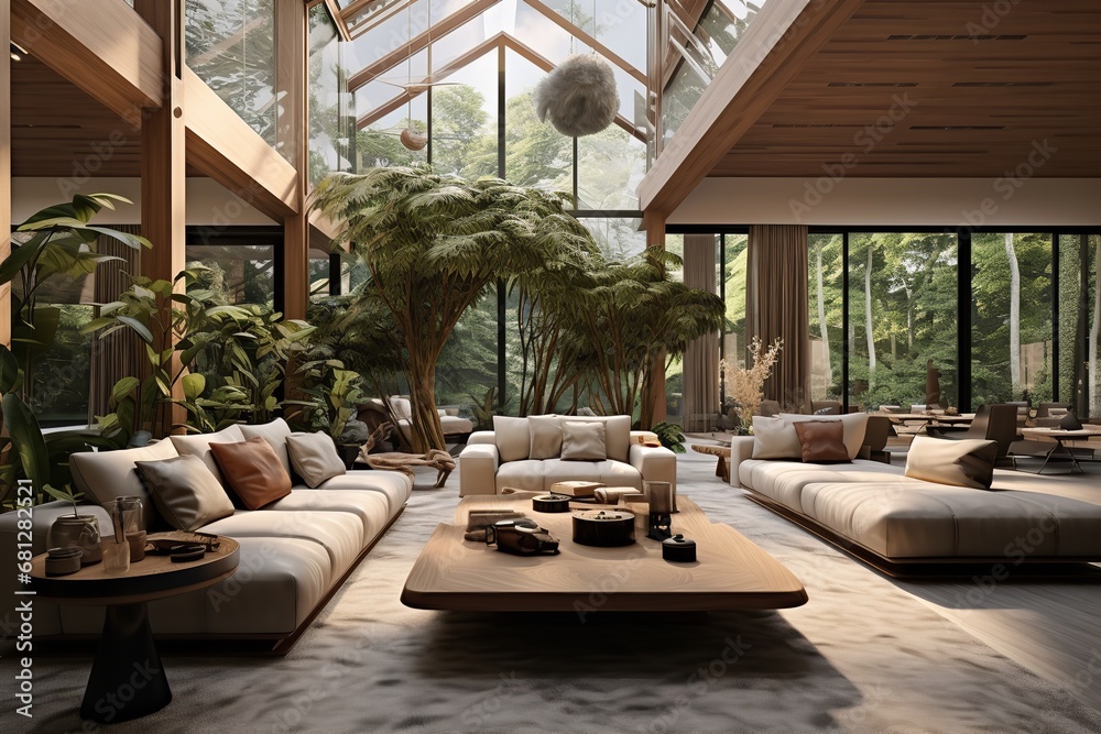 Fototapeta premium A spacious living room with a comfortable couch, coffee table, and lush tree. The couch is the focal point of the room, with its inviting cushions and soft pillows.