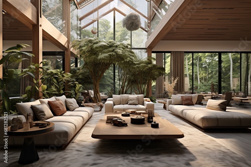 A spacious living room with a comfortable couch, coffee table, and lush tree. The couch is the focal point of the room, with its inviting cushions and soft pillows.
