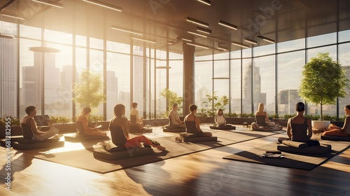 A dynamic team from a corporate office engaging in a group yoga session, promoting well-being, team bonding, and mindfulness in the workplace. Generative AI.