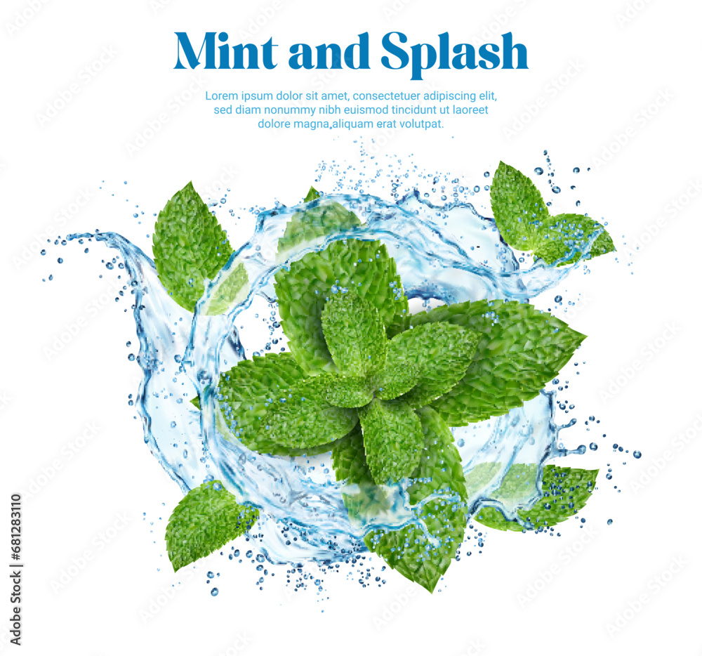 Realistic water splash with green mint leaves. Menthol flavor, fresh ice tea. Mint leaves fresh mouth wash, menthol natural soda or herbal tea frozen motion 3d vector splatters, cold drink ripples - obrazy, fototapety, plakaty 