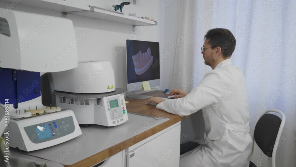 Doctor studying the digital teeth model using computer software. Doctor examines the projection of teeth model. Doctor recreates the 3D model of human teeth at the dentistry laboratory. Dental clinic Doctor studying the digital teeth model using computer software. Doctor examines the projection of teeth model. Doctor recreates the 3D model of human teeth at the dentistry laboratory. Dental clinic