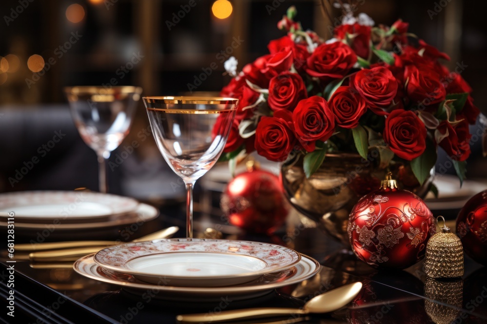 Celebration Table Setting Element With Vases With Red And White Flowers .Christmas And Valentine's Day Concept Celebration Table Setting Element With Vases With Red And White Flowers .Christmas And Valentine's Day Concept