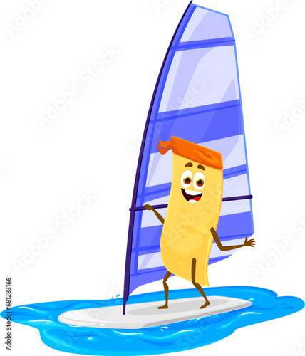 Cartoon cheerful lasagna pasta character enjoying windsurfing sports recreation during summer beach vacation. Isolated vector italian food personage riding water waves, fun holidays at ocean resort