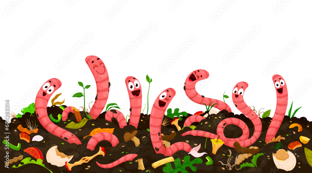Vermicomposting. Cartoon earth worm characters in compost humus soil. Farming earthworm soil compost, agriculture organic waste recycling vector background with worms cheerful personages in humus