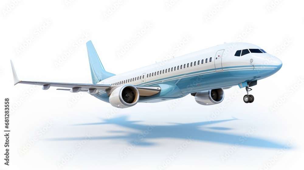 digital image of a commercial plane in flight with extreme detail placed on a white background AI generated illustration