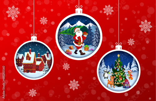 Christmas paper cut baubles with holiday characters Santa Claus carry tree, panda, deer and fox in forest and snowy town. Double exposition 3d vector effect frames in shape of hanging Xmas toys