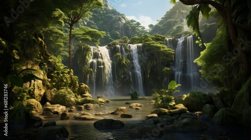 rendered cascading waterfall in a verdant rainforest AI generated illustration