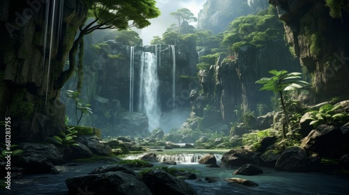 rendered cascading waterfall in a verdant rainforest AI generated illustration