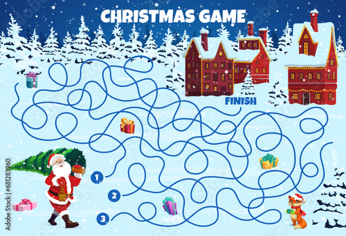 Christmas labyrinth maze for children fun and recreation. Kids vector worksheet, cartoon Santa with holiday pine tree searching right way to snowy town. Board game, educational children riddle or test