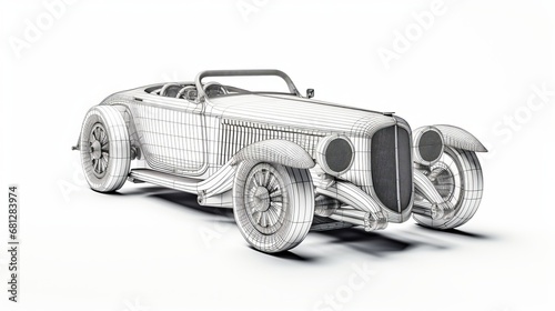 wireframe model of a car rotating and rendered on a white backdrop  AI generated illustration