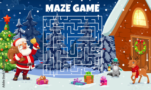 Christmas labyrinth maze. Kids vector worksheet, board game help Santa Claus find correct way to house. Boardgame with cartoon Noel, pine tree, deer and tangled path. Educational children riddle