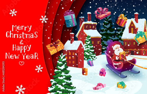 Christmas paper cut banner with winter town and flying Santa on sleigh. Vector 3d papercut greeting card with cartoon funny Father Noel sitting in deer sled front of cottage houses at xmas holiday eve