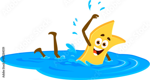 Cartoon cheerful tagliatelle corte pasta character on summer beach vacation and sports. Isolated vector macaroni personage swimming in sea or ocean waves, relax in the pool during summertime holidays