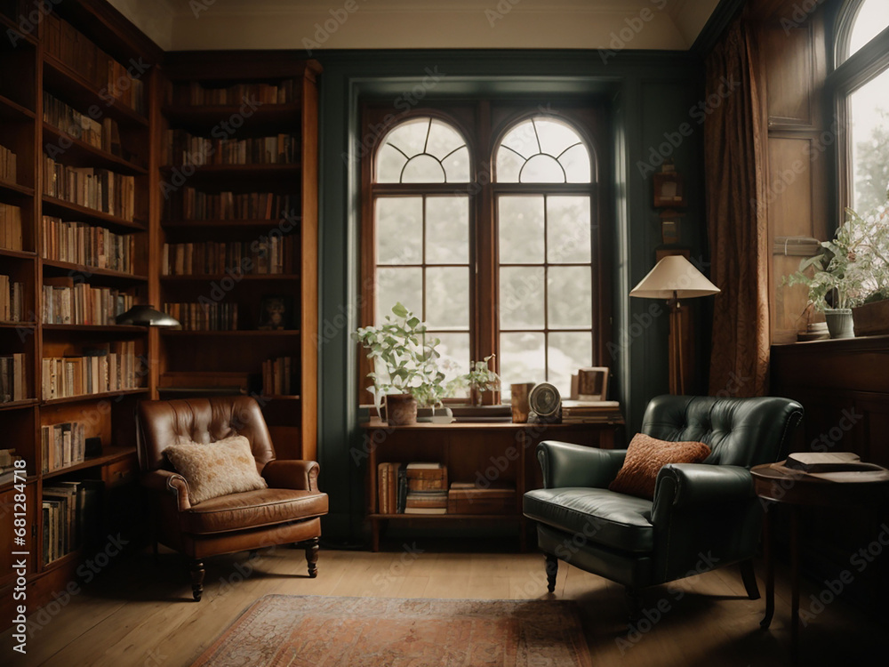 Modern living room, A cozy room with a window, a chair and a book shelf, Room with library Modern living room, A cozy room with a window, a chair and a book shelf, Room with library