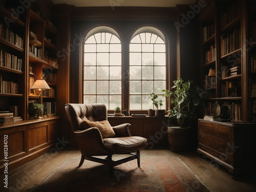 Modern living room, A cozy room with a window, a chair and a book shelf, Room with library