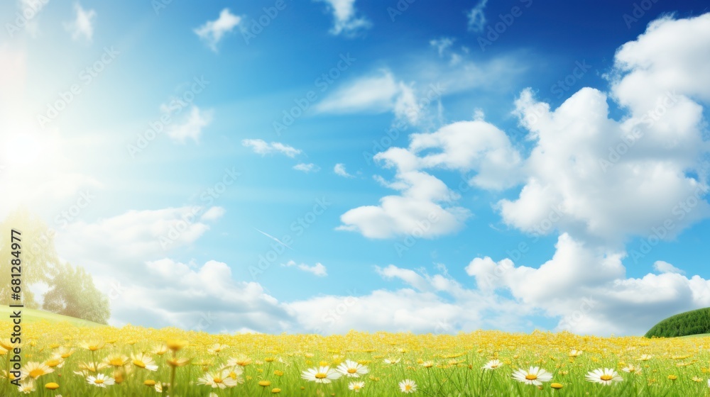 Fototapeta premium field of daisies and blue sky with clouds, nature background