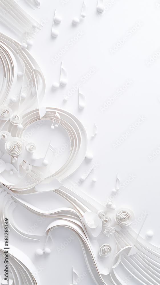 white musical background with three-dimensional ornament, musical theme notes, vertical view - obrazy, fototapety, plakaty 