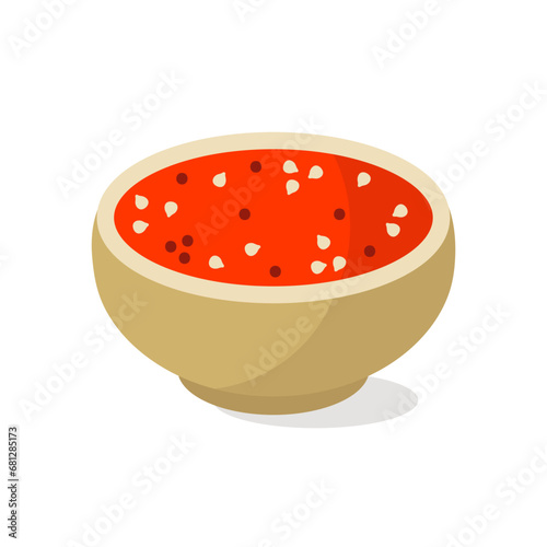 Spicy sriracha sauce, vector icon. Hot Asian seasoning with chili peppers, garlic, herbs. Tasty red gravy in a wooden saucer. Flat cartoon isolated clipart for menu, fast food, delivery, print, web