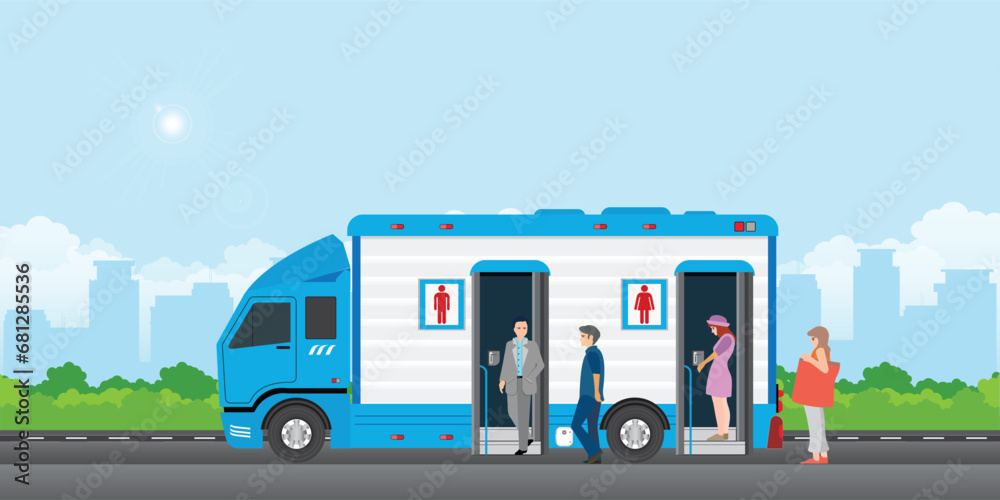 People queue to enter the toilet bus or mobile toilet.