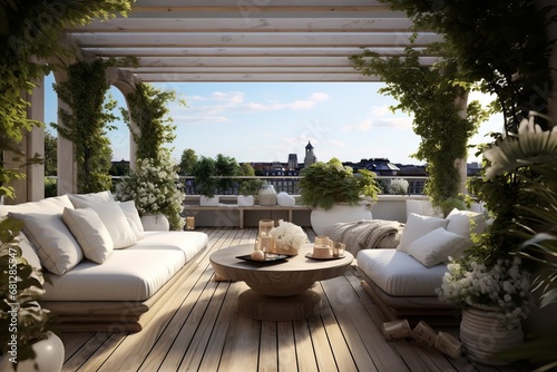 a rooftop terrace is a vision of urban oasis. A wooden deck is furnished with a cozy couch and coffee table, perfect for relaxing and enjoying the view.