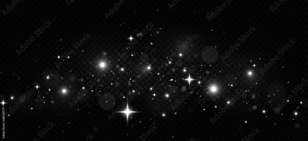 The dust sparks and silver stars shine with special light. Silver dust white sparks and silver stars. Christmas Abstract stylish light effect on a black transparent background.