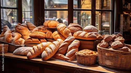 A bakery window display filled with delicious breads of all shapes and sizes, enticing passersby with its variety and appeal. Generative AI.
