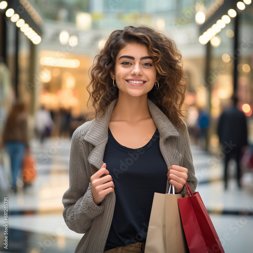 happy young woman holding shopping bags in shopping center. 