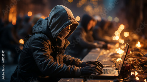 a man in a jacket with a hood and a closed face, sitting at a table and working on a laptop on the street in the cold time. concentrating on his work or action.  photo