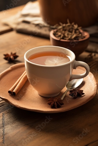 close-up of a mug of chai tea steeping on a wood table AI generated illustration