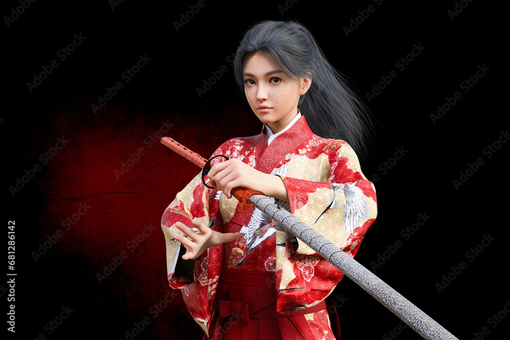羽織袴姿の女侍が刀を構える Stock Illustration | Adobe Stock