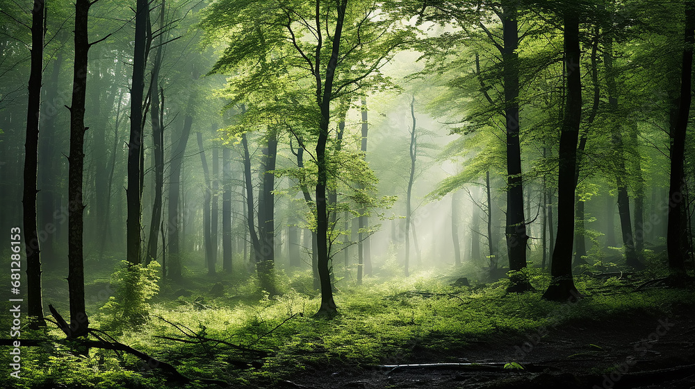 misty landscape in a fresh green spring forest, trunks of green trees in the mist of the forest morning coolness misty landscape in a fresh green spring forest, trunks of green trees in the mist of the forest morning coolness