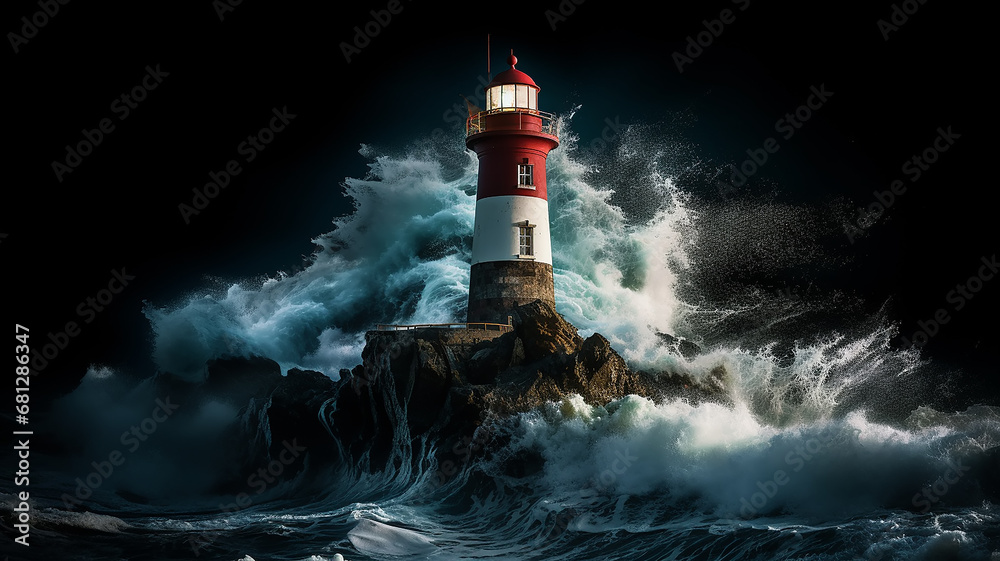 shining lighthouse in the raging night sea, storm ocean element waves