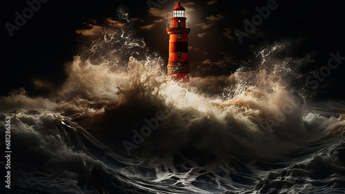 shining lighthouse in the raging night sea, storm ocean element waves