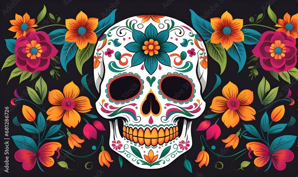 Illustration of colorfully decorated Day of the Dead sugar skulls, traditional mexican festival.