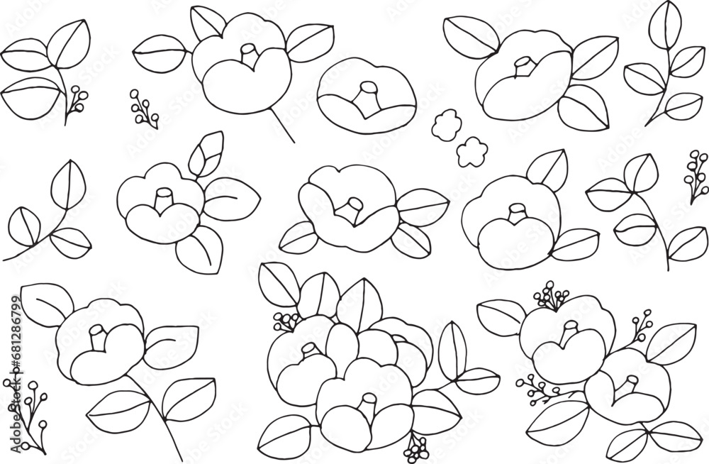 椿の線画イラスト。年賀状用和風の椿ベクターイラスト。椿の和風フレーム。Line drawing illustration of camellia. Japanese camellia vector illustration for New Year greeting cards. Japanese style frame of camellia. 椿の線画イラスト。年賀状用和風の椿ベクターイラスト。椿の和風フレーム。Line drawing illustration of camellia. Japanese camellia vector illustration for New Year greeting cards. Japanese style frame of camellia.