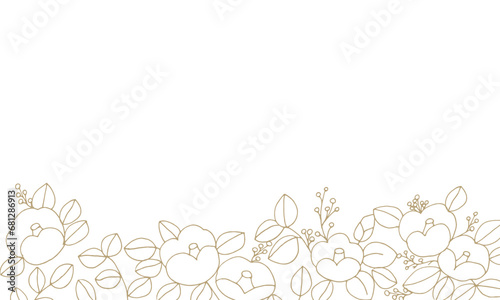                                                                                                          Line drawing illustration of camellia. Japanese camellia vector illustration for New Year greeting cards. Japanese style frame of camellia.