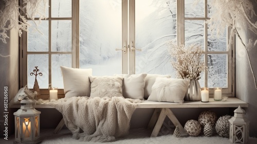 comfy window seat with a view of a peaceful winter scene  AI generated illustration photo