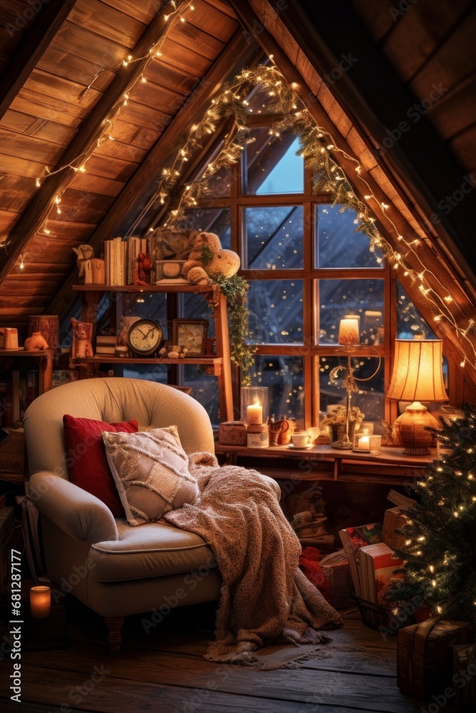 cozy attic decorated with fairy lights old trinkets and a comfortable armchair AI generated illustration cozy attic decorated with fairy lights old trinkets and a comfortable armchair AI generated illustration