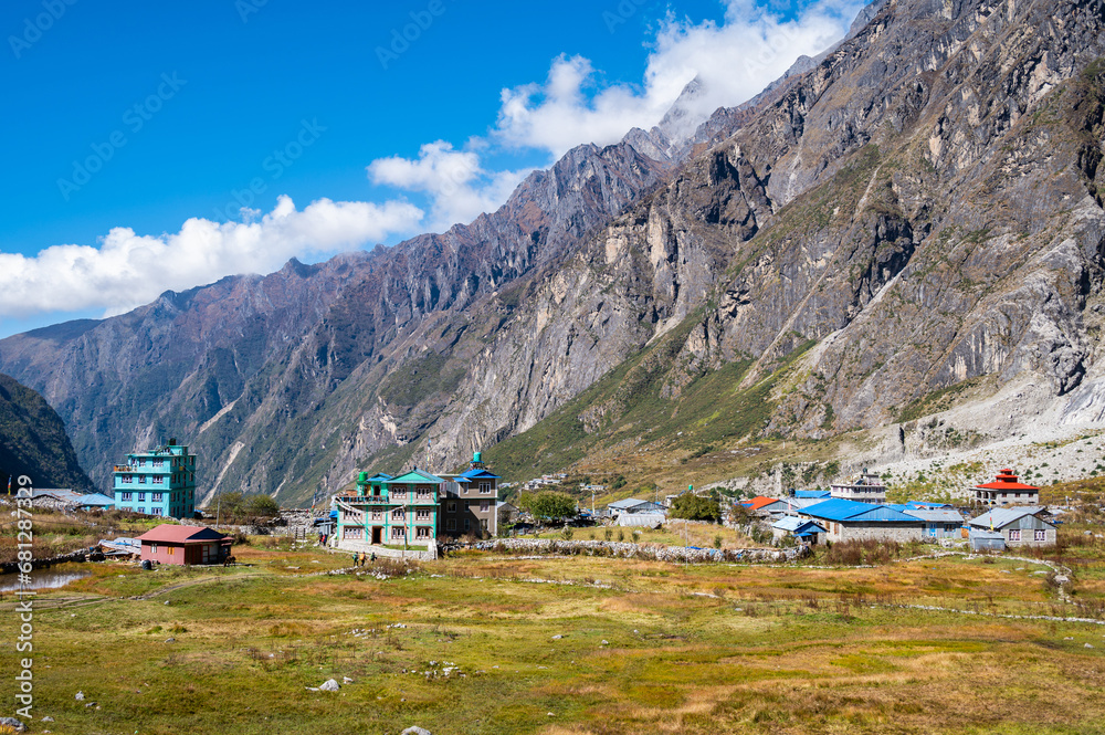 View of new Langtang village a village inside Langtang national park, Nepal. Completely destroyed by the earthquake in 2015 and then rebuilt, this village is a sign of resilience in the area.