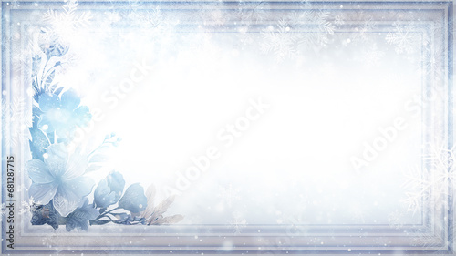 white frame background with snowflakes festive greeting card and with delicate blue flowers in the background, christmas decoration blank copy space #681287715