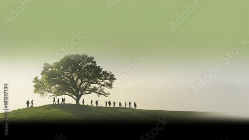 tree of life  green nature background  landscape with a large tree with a sprawling large green crown and a group of people nearby  a row of silhouettes. eco concept nature protection