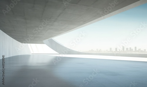 Abstract empty concrete interior with city view and blue sky. © munduuk