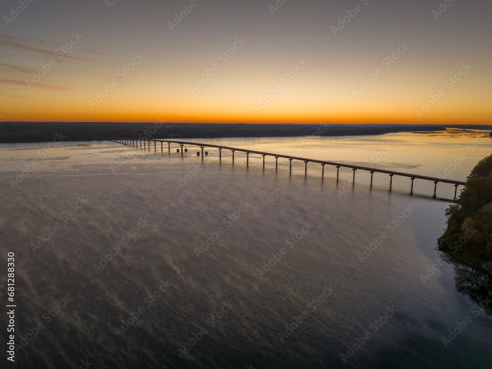 Natchez Trace National Parkway crosses the Tennessee River - John Coffee Memorial Bridge, aerial view at sunrise