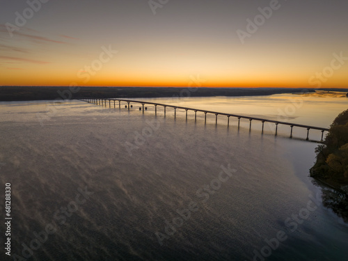 Natchez Trace National Parkway crosses the Tennessee River - John Coffee Memorial Bridge, aerial view at sunrise