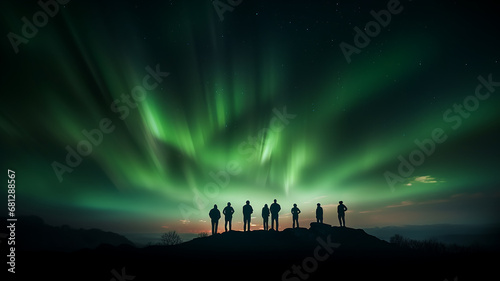 northern lights in the night sky, aurora borealis, a group of people watching the night landscape with a multicolored glow in the sky photo