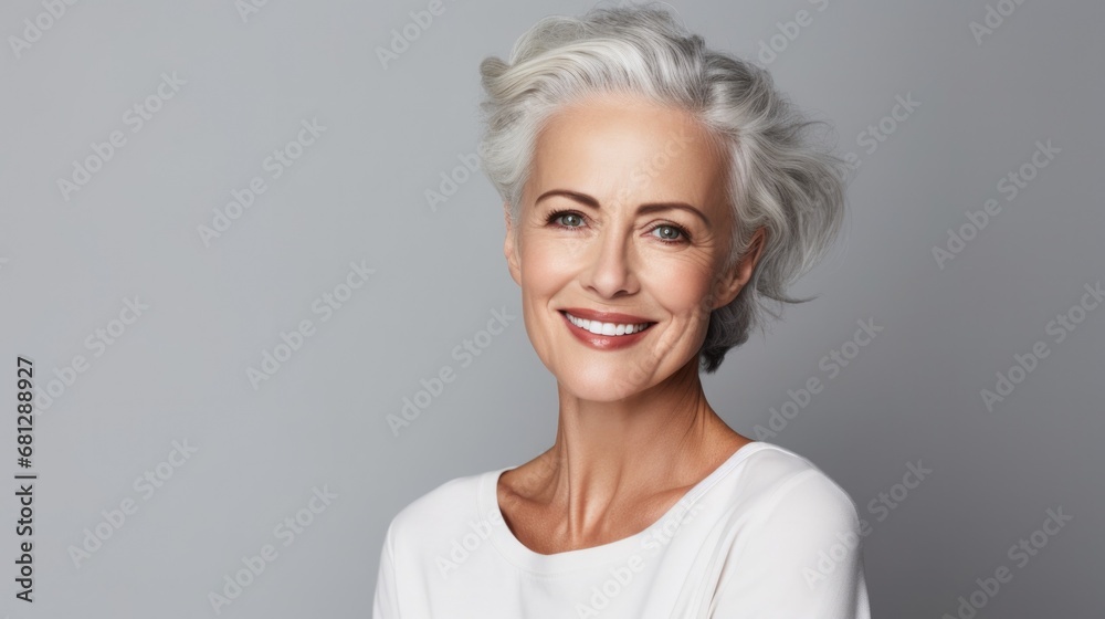 a beautiful aging woman with grey hair with space for copy as an Ad in a cosmetic/skin care-themed, horizontal format, photo illustration in JPG.  Generative ai
