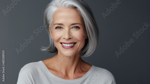 a beautiful aging woman with grey hair with space for copy as an Ad in a cosmetic/skin care-themed, horizontal format, photo illustration in JPG. Generative ai