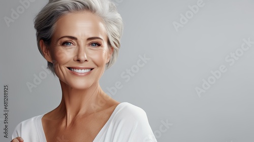 a beautiful aging woman with grey hair with space for copy as an Ad in a cosmetic skin care-themed  horizontal format  photo illustration in JPG.  Generative ai